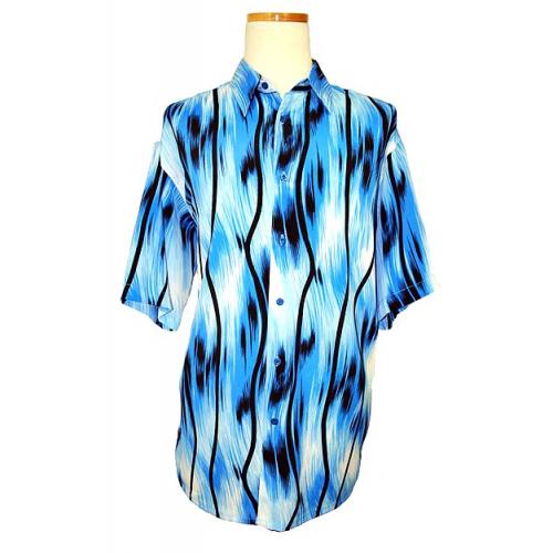 Bassiri Ocen Blue/White/Black Wavy Design Micro Fiber Short Sleeves Shirt #46571